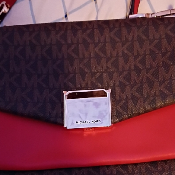 Michael Kors Brown MK Logo Shoulder Bag with Red Front Pocket and Wallet - Picture 12 of 12